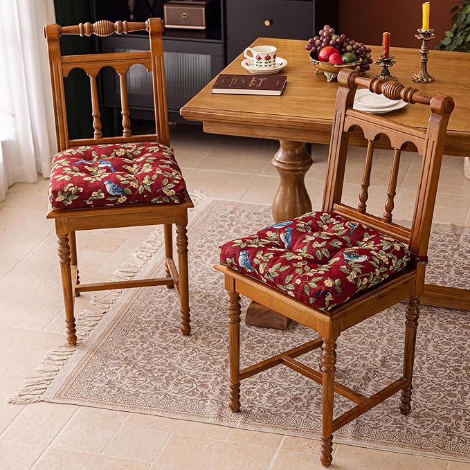 vctops Farmhouse Brid Print Chair Cushions with Ties U-Shaped Soft Comfortable Chair Pads Non Slip Seat Cushions for Indoor Dining Room and Kitchen Chairs (Red,18"x18")