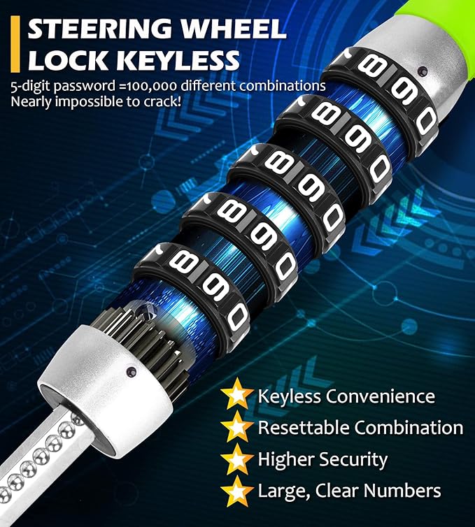 Tevlaphee Steering Wheel Lock, Car Lock Anti Theft Keyless Extendable Retractable Password 5 Coded Combination Lock, Heavy Duty Universal Fit (Green)