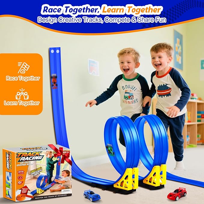 Nicmore Flexible Race Track Toy Set: 15ft DIY Bendable Ramp with Suction Cups – Portable Roll-Up Car Track for Kids Compatible with 1:64 Diecast Cars – Birthday Christmas for Boys Girls Ages 3+