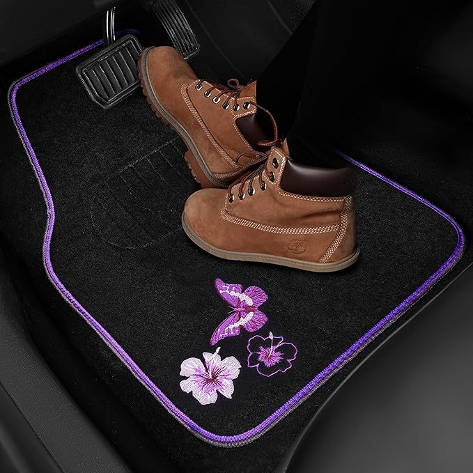 CAR PASS Embroidery Butterfly and Flower Car Floor Mats, Purple Car Floor Mats, Universal Fit 95% Automotive,SUVS,Sedan,Vans,for Women,Girly,Set of 4(Black with Purple)