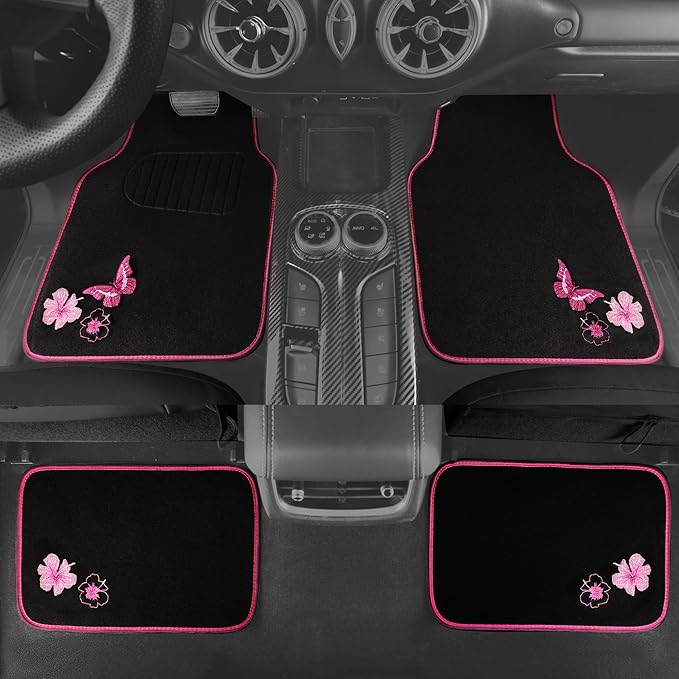 CAR PASS Embroidery Butterfly and Flower Car Floor Mats, Pink Car Floor Mats Universal Fit 95% Automotive,SUVS,Sedan,Vans,for Cute Women,Girly,Set of 4 (Black with Pink)