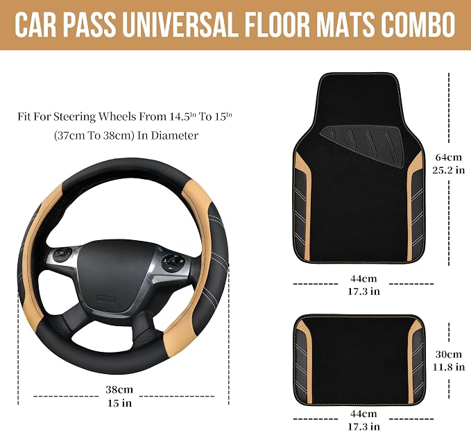 CAR PASS Microfiber Steering Wheel Cover and Waterproof Car Floor Mats,Leather Universal Car Combo Fit for 95% Truck,SUV,Cars,14.5-15inch Sporty Anti-Slip Safety Comfortable Design(Black and Beige)