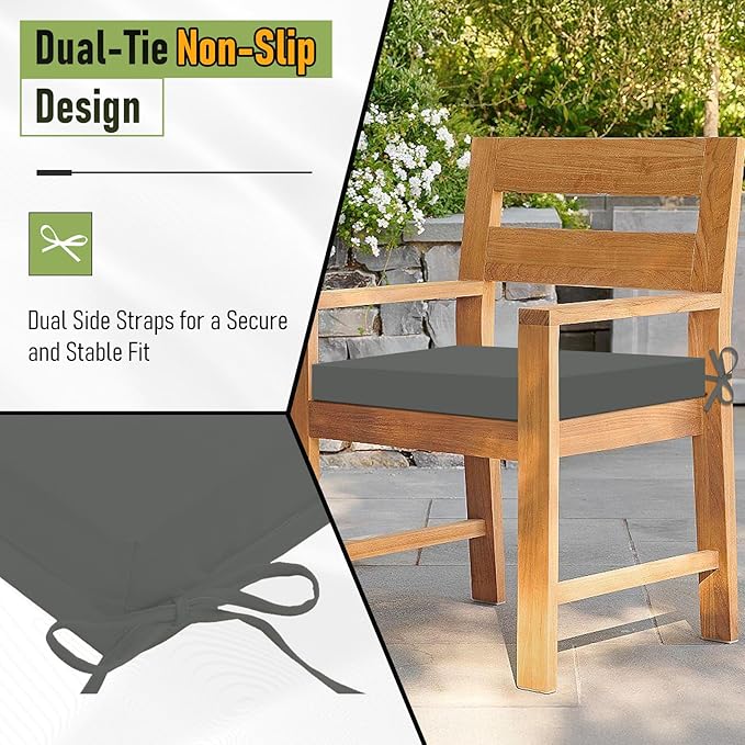 Basic Beyond Outdoor Chair Cushions Set of 6, Square Corner Outdoor Cushions for Patio Furniture, Water Resistant Patio Chair Cushions with 2 Ties, 18.5x16x3, Charcoal Grey