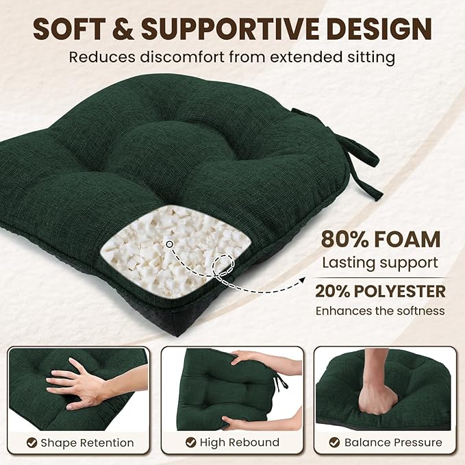 downluxe Indoor Chair Cushions for Dining Chairs, Tufted Overstuffed Textured Kitchen Chair Pads with Ties and Non-Slip Backing, 15.5" x 15.5" x 4", Dark Green, 6 Pack