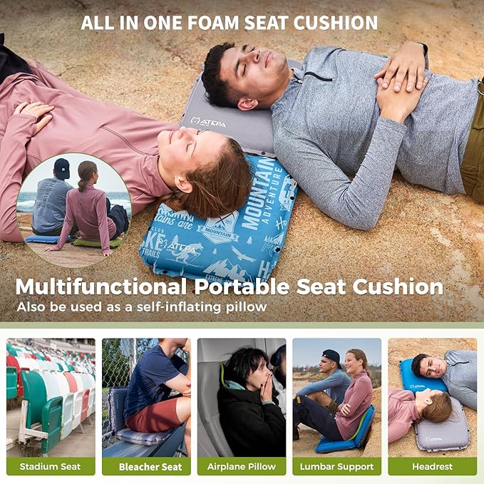 ATEPA Inflatable Seat Cushion, Compact Self-Inflating Seat Cushion for Stadium Airplane Air Travel Bleacher Camping, Blow Up Foam Seat Pad for Outdoor Sports Events Backpacking Hiking Sitting