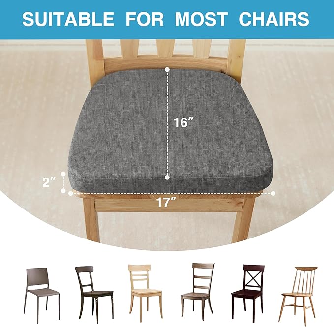 IASEAHK Chair Cushions for Dining Chairs Set of 4, Non Slip Kitchen Chair Pads, 17" x 16" x 2", Indoor Dining Chair Cushions with Ties, D-Shaped Seat Cushions for Kitchen Chairs, Dark Grey