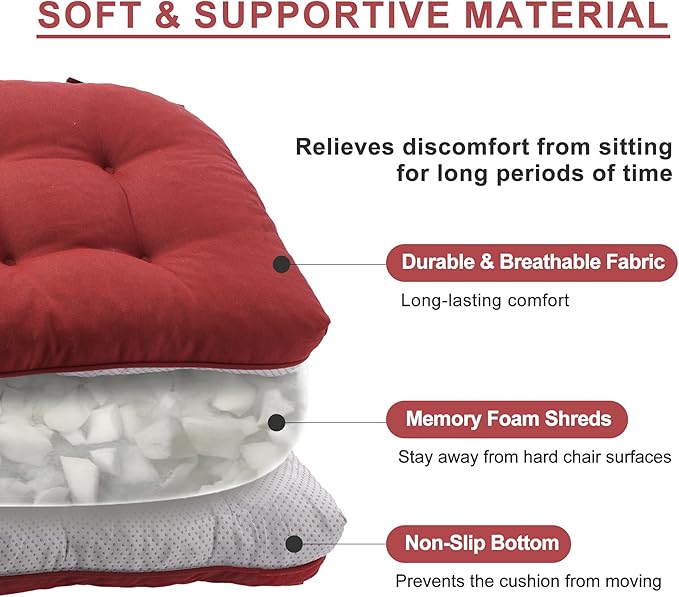 Battilo Chair Cushions Set of 2 for Dining Chairs, Seat Cushions for Kitchen Chairs with Non-Slip Backing, Indoor/Outdoor Waterproof Chair Seat Pads with Ties, 15.5"x15.5"x4", Red