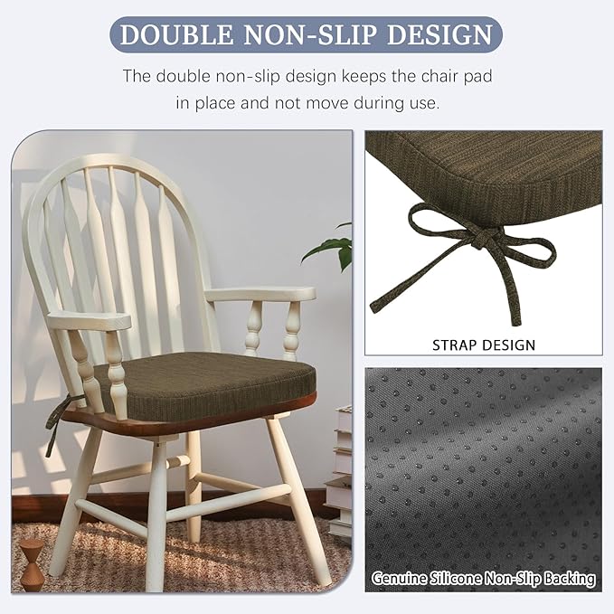 baibu Kitchen Chair Cushions Set of 2, Dual-Layer Patented Design Memory Foam Dining Chair Pads with Ties and Washable Cover, 2 Pack, 17" x 16" x 2", Brown