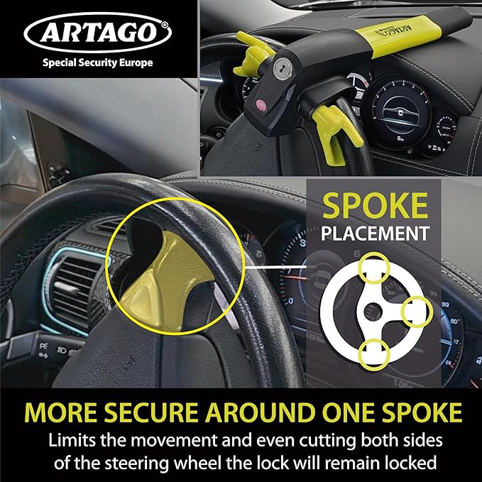ARTAGO 870 High-End Steering Wheel Lock 2in1 | Smart Alarm, 120dB, Theft Attempt Warning, Night LED Alert | More Secure & Deterrent Around a Spoke, Best Anti-Theft Device for Car SUV Pickup-Truck Van