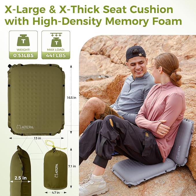 ATEPA Inflatable Seat Cushion, Compact Self-Inflating Seat Cushion for Stadium Airplane Air Travel Bleacher Camping, Blow Up Foam Seat Pad for Outdoor Sports Events Backpacking Hiking Sitting
