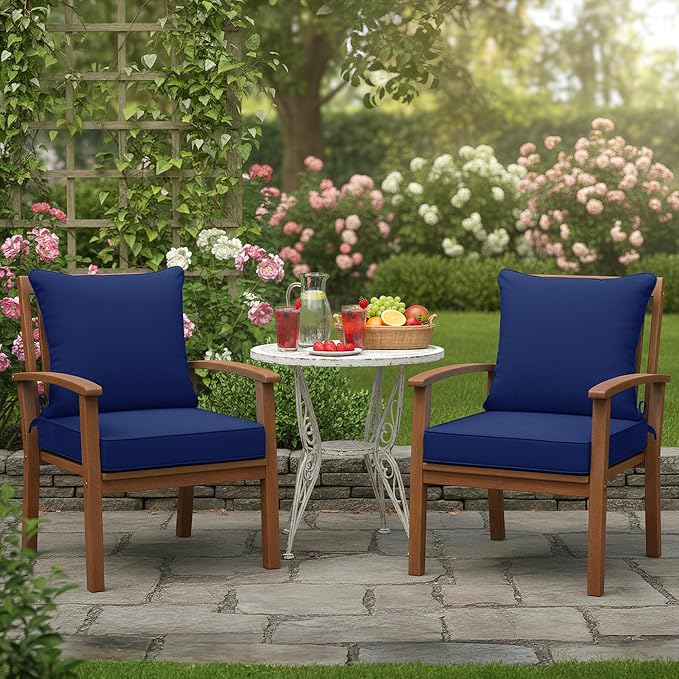 Summsun Outdoor Cushions for Patio Furniture 24 x 24 Inch, Double-Sided Waterproof Backrest and Deep Seat Cushion Set with Removable Cover, Navy, Set of 2