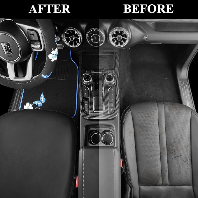 CAR PASS Blue Butterfly Car Seat Covers Full Set, Embroidered Flower Waterproof Car Floor Mats Carpet, Butterflies Steering Wheel Cover for Universal Car Accessories Interior Sets (Black and Blue)