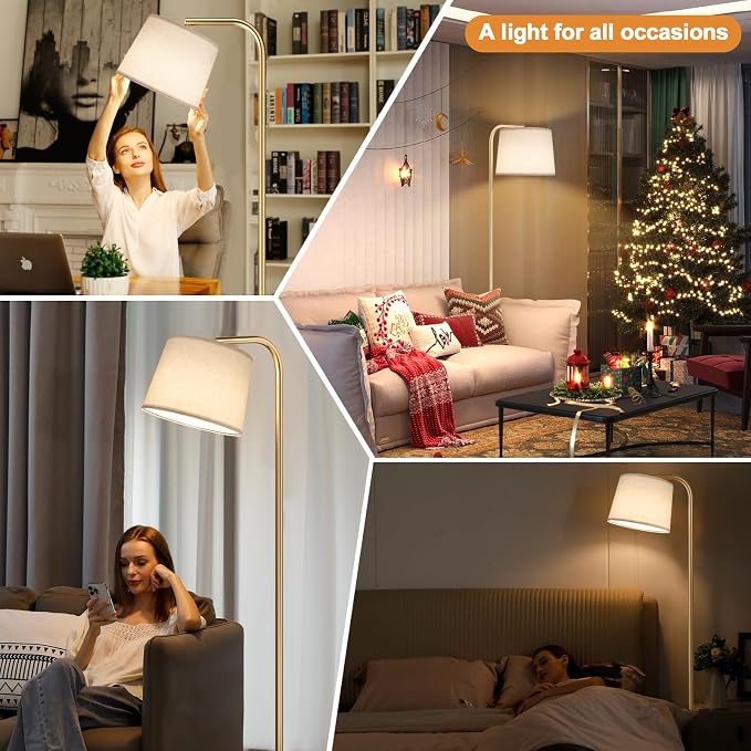 Ambimall Remote-Controlled Floor Lamp - Color Temperature Adjustable and Fully Dimmable, Standing Lamp for Living Room with Rotating Head, Tall Lamp for Bedroom, 9W Bulb Included (Gold and Beige)