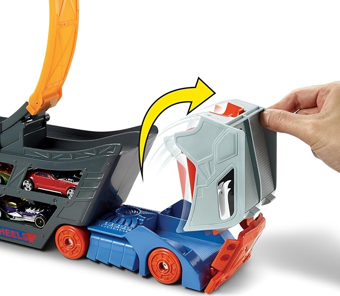 Hot Wheels Transporter Truck Mobile Playset Large Loop Collapsible Launcher Room for 18 Die-Cast 1:16 Vehicles Ages 3 and Up