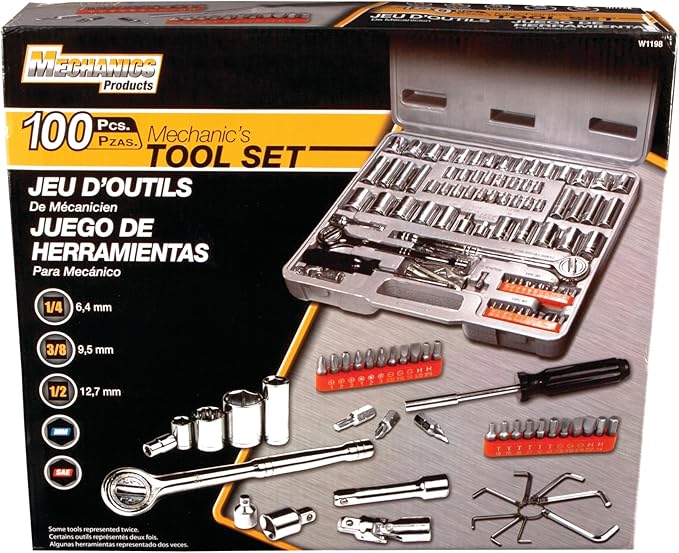 Performance Tool W1198 SAE/Metric 100-Piece Socket (1/4-Inch, 3/8-Inch & 1/2-Inch Drive) and Bit Set