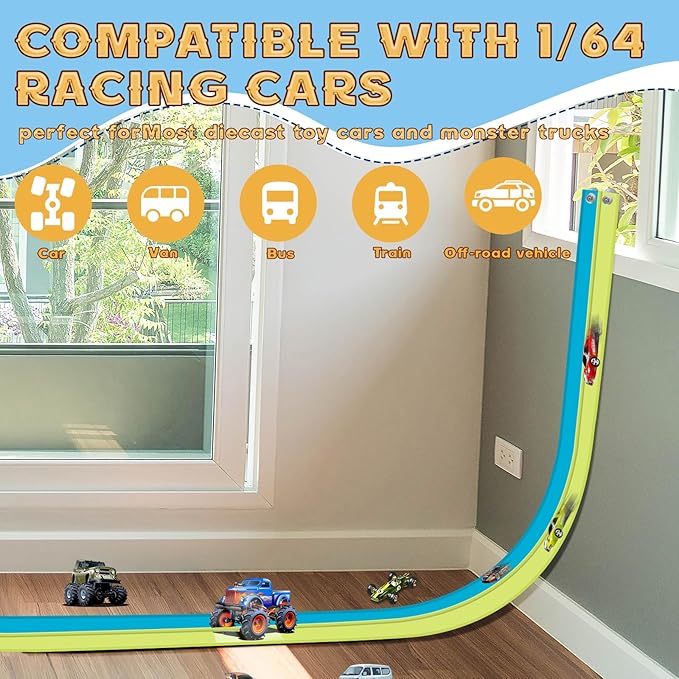 Flex Tracks 15 Ft for Kids Starter Set, Flexible Race Car Ramp Track with Suction Cups Compatible with Diecast 1/64th Cars for Ages 3 & Up (Green & Blue)