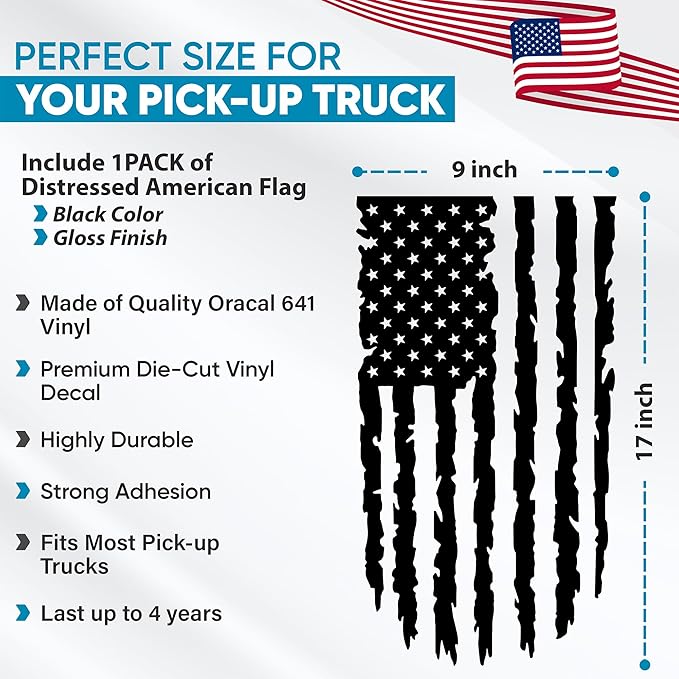 GRITKULTURE Distressed American Flag Vinyl Decal 17 inches by 9 inches for Trucks, Cars, and Windows Compatible with Most Pickup- Rear Graphic USA, US Flag Car Sticker (Black)