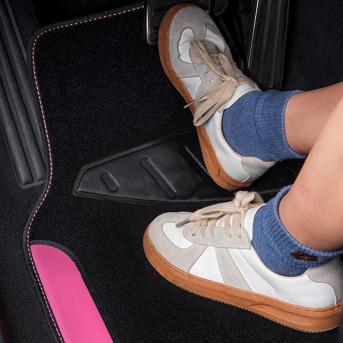 CAR PASS Rainbow Waterproof Universal Fit Faux Leather Car Carpet- Anti-Slip Nibbed Backing Floor Mats for SUV, Vans,Sedans,Trucks, Automotive Set of 4 for Women&Cute Girly (Black with Pink)