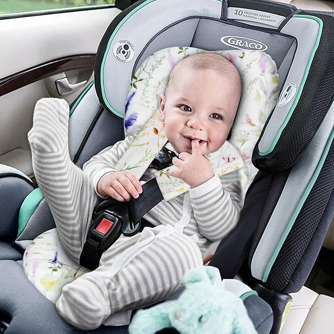 Infant Car Seat Insert, Car Seat Head Support Baby Girls Boys, Soft & Reversible Newborn Carseat Insert Cushion with 2 Strap Covers, for Stroller, Swing, Bouncer (White Wildflowers)