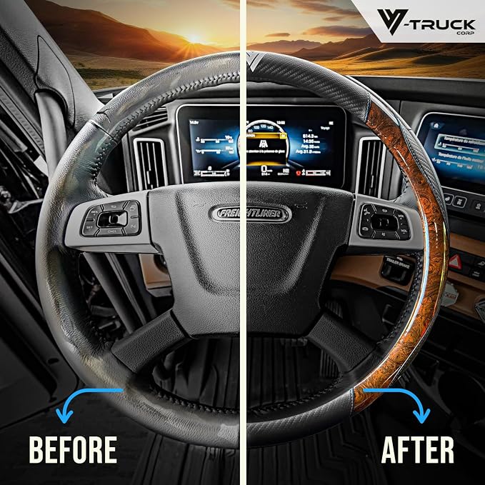 18-Inch Genuine Leather Steering Wheel Cover for Semi Trucks – Wood Grain Imitation Finish, Heavy-Duty Non-Slip Grip, Durable and Comfortable Interior Upgrade
