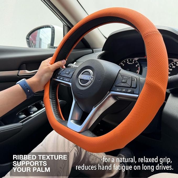 PINCTROT D Shaped Nappa Leather Steering Wheel Cover with Ergonomic Palm Support Grip, Full Perforated Breathable, Slim Fit No Bulk Design, Flat Bottom 14.5-15 Inch (Hot Orange)