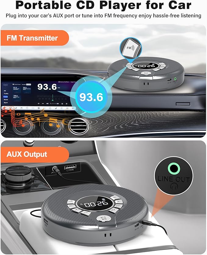 Greadio Portable CD Player with Bluetooth, FM Transmitter for Car Home Use, Rechargeable Discman CD Player with Headphones & Speakers, Anti-Skip, Personal Small Music Player, USB/AUX/LCD (Grey)