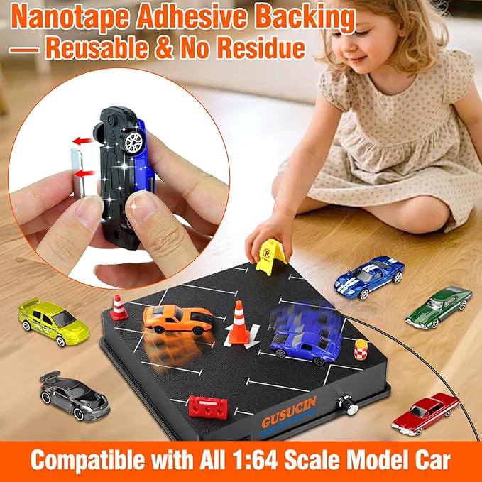 Magnetic Drift Pad for Hot Wheels Cars 1:64 – Spinning Drift Track with Adjustable Speed & Direction, USB Powered Drift Pad with 5 Decorations, Display Stand for1:64 Scale Diecast Cars (Parking Lot)