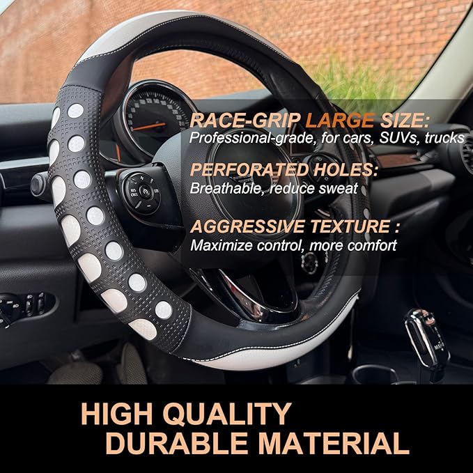 PINCTROT Large Size Race Grip Steering Wheel Cover, Anti Slip Silicone Perforated Design with Soft Touch Padding, Enhanced Grip for Sporty Driving 15.5-15.75 Inch (Racing White)