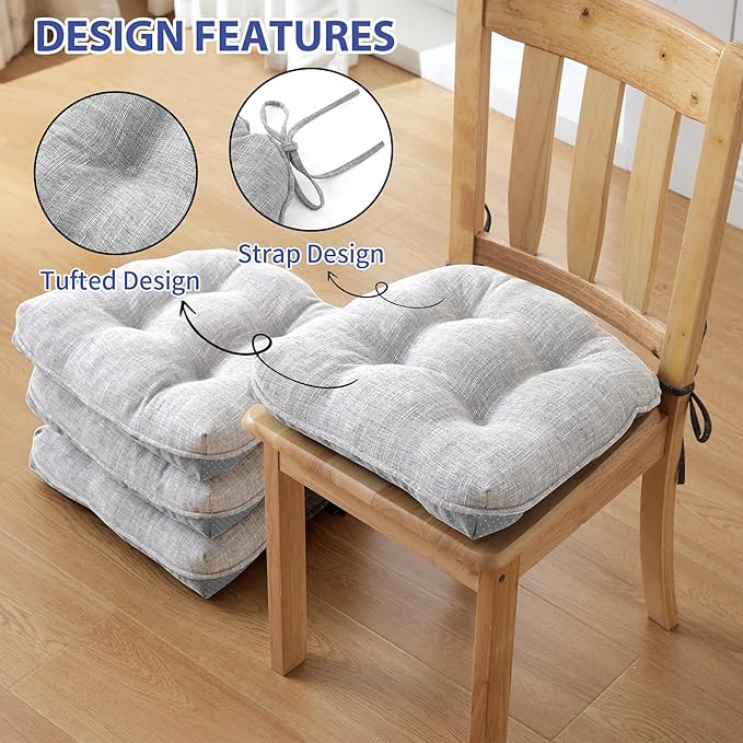 IPYNBAP Chair Cushions for Dining Chairs Set of 6, Kitchen Chair Cushions, Chair Pads with Ties and Non Slip Backing, Tufted Memory Foam Seat Cushion 6 Pack, 15.5" x 15.5" x 4", Light Gray
