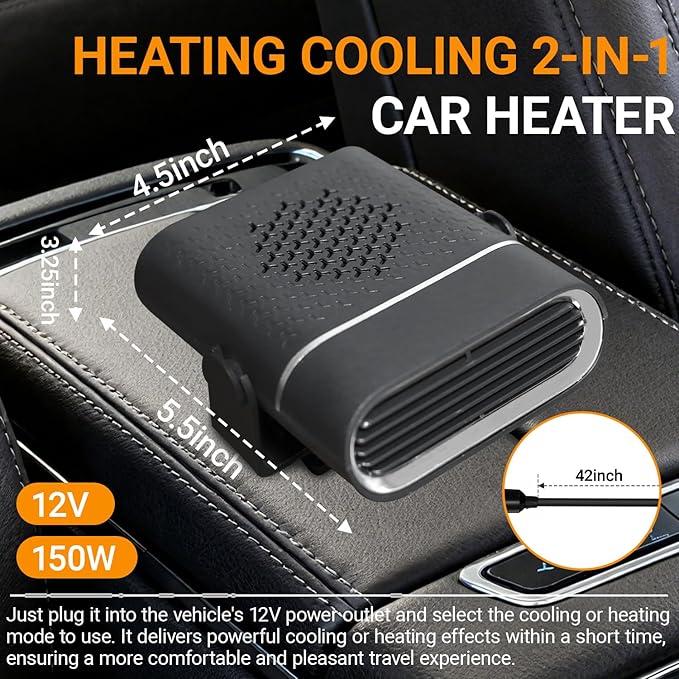 12V 150W Portable car heater, Dual Mode Heater and Cooler Fan with 360° Rotation, for Quick Windshield Defrosting and Interior Comfort in Car Truck