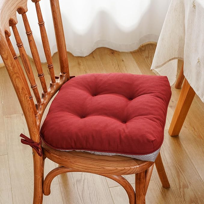 Battilo Chair Cushions Set of 4 for Dining Chairs, Seat Cushions for Kitchen Chairs with Non-Slip Backing, Indoor/Outdoor Waterproof Chair Seat Pads with Ties, 15.5"x15.5"x4", Red