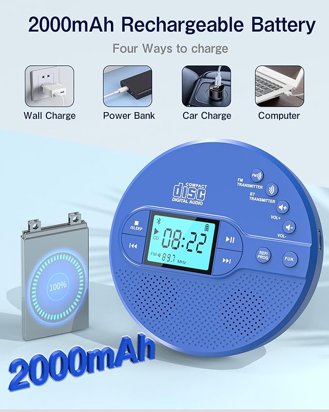 Sunoony Portable CD Player with Bluetooth, Disman CD Player for Car with FM Transmitter, Rechargeable Personal cd Player with Anti-Skip Protection, Headphones, AUX/USB Supported, LCD(Blue)