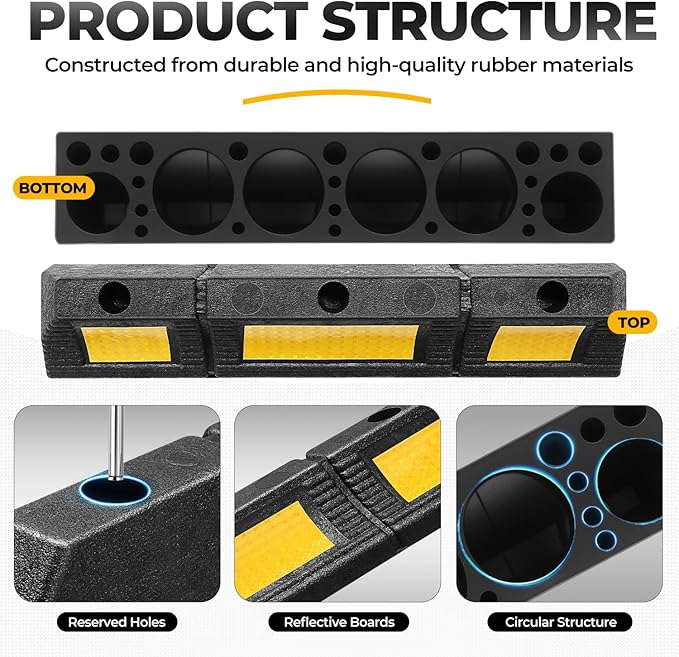 Auto Dynasty 2Pcs Heavy Duty Parking Aid for Garage, 23" Rubber Tire Stops for Garage Floor, High Visibility Garage Car Stopper with Reflective Safety Strips for Car Curb Floor Parking Lot