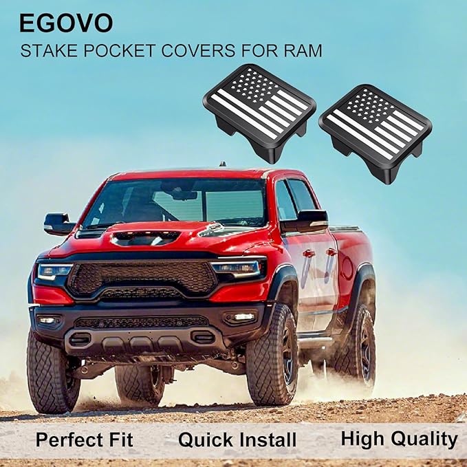 EGOVO Bed Rail Stake Pocket Covers Compatible with 2019-2026 Dodge Ram 1500 2500, Rear Truck Tonneau Stake Hole Caps Plugs, Weatherproof Snow & Rust Protection Accessories - 2PCS Black & White Flag