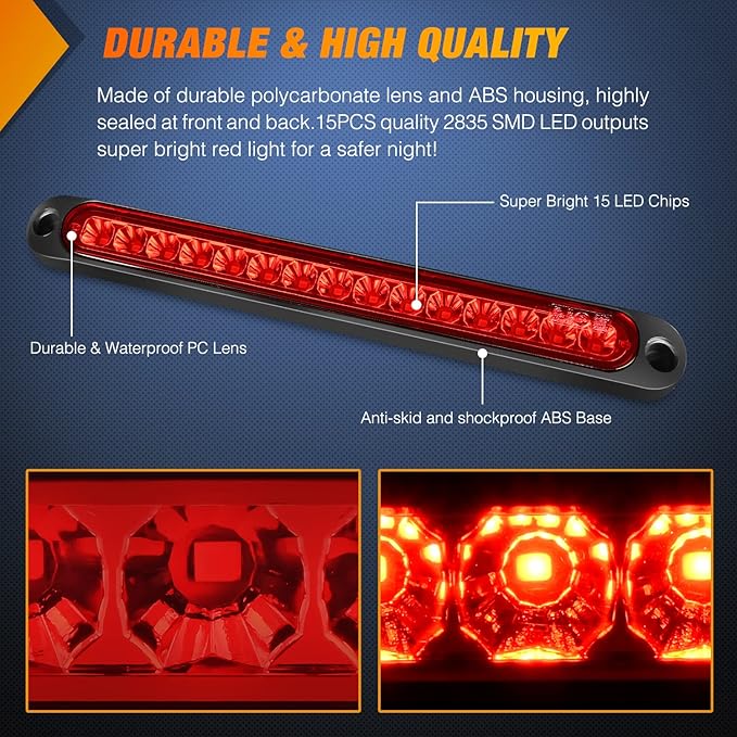 Nilight 2PCS 10Inch 15 LED Red Trailer Light Bar for Park Stop Turn Tail Brake Lights IP67 Waterproof Marker ID Clearance Strip for Truck Golf Cart Pickups Boats