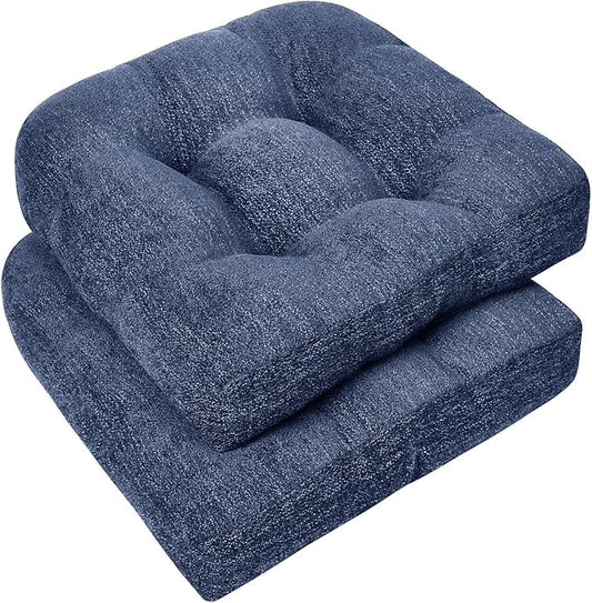 downluxe Chair Cushions for Dining Chairs 2 Pack, Tufted Indoor Chair Pads with Non-Slip Bottom, U-Shaped Kitchen Chair Cushions, 17"x17"x4", Navy Blue