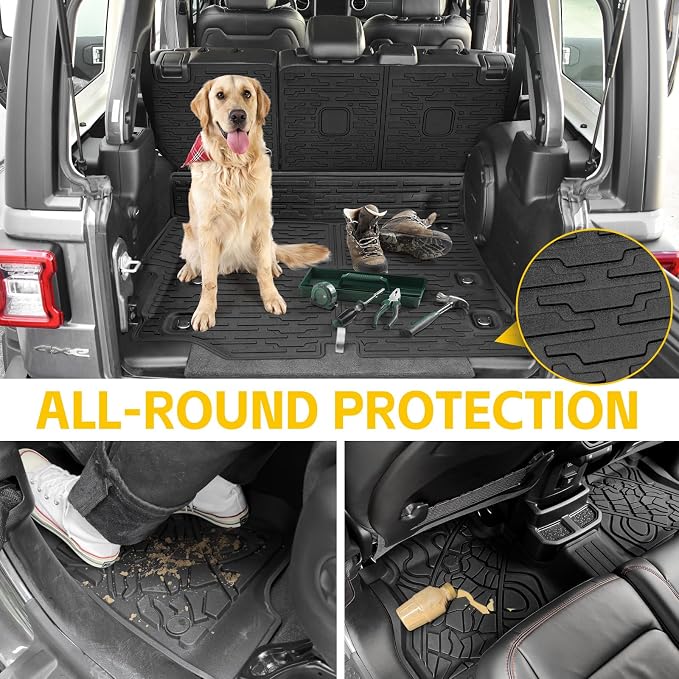 Cargo Mats for 2021-2024 2025 Jeep Wrangler JL 4XE Only,Floor Liners with Trunk Mat Backrest Mat All Weather TPE Protector Rear Floor Trunk Liners for 21-25 Wrangler JL 4XE 4 Door Accessories