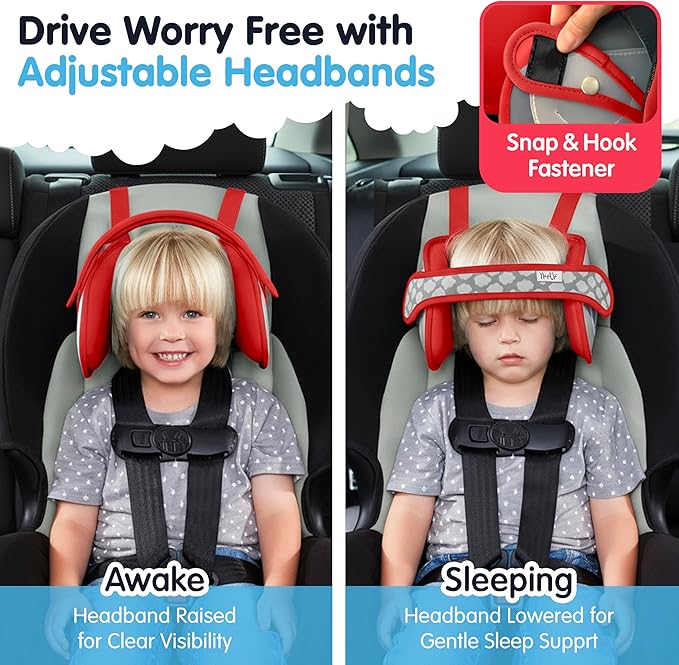 NapUp Adjustable Head Support for Car Seat – Patented & Crash-Tested Anti-Bobbing Head Holder Strap, Comfortable Sleep Solution - Breathable Fabric, Kids Travel Accessories - Ages 2+ - Red