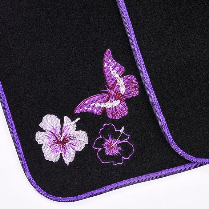 CAR PASS Butterfly Steering Wheel Cover and Waterproof Car Floor Mats,Purple Car Mats 14.5-15inch Steering Wheel Covers Universal Fit for Suvs,Sedans Cars,for Women Girl(Black and Purple)