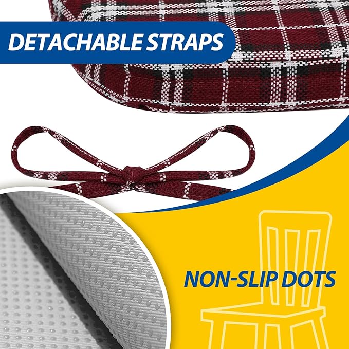 AAAAAcessories D-Shaped Chair Cushions, 2" Thick Dining Chair Pads with Ties and Removable, Machine-Washable Cover, 17" x 16", Set of 8, Red Checkered