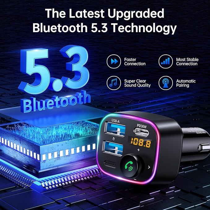 Syncwire Bluetooth 5.3 FM Transmitter Car Adapter 48W (PD 36W & 12W) and Magnetic Car Phone Mount for Car Dashboard