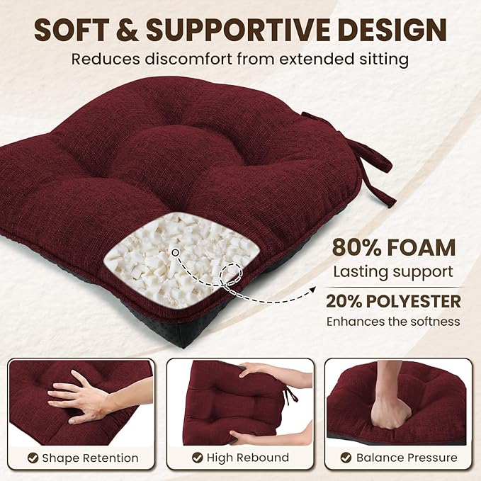 downluxe Indoor Chair Cushions for Dining Chairs, Tufted Overstuffed Textured Kitchen Chair Pads with Ties and Non-Slip Backing, 15.5" x 15.5" x 4", Burgundy, 4 Pack