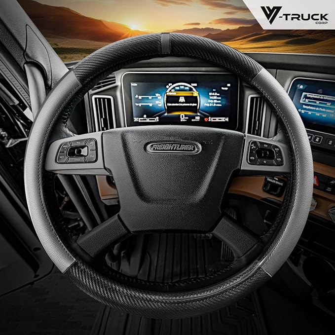 18-Inch Genuine Leather Steering Wheel Cover for Semi Trucks – Grey with Black Carbon Fiber Imitation, Heavy-Duty Non-Slip Grip, Universal Fit, Easy Installation