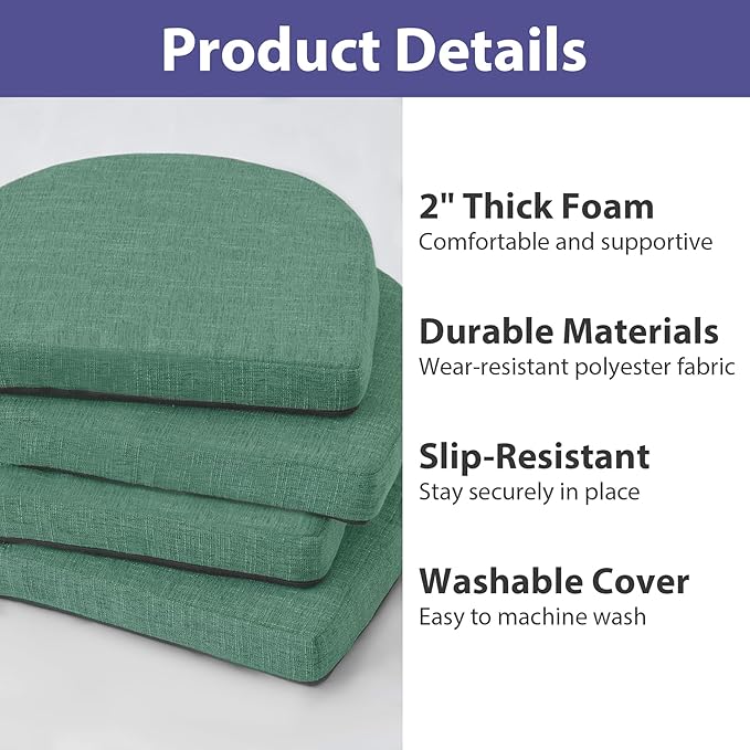 IPYNBAP Chair Cushions for Dining Chairs, Kitchen Chair Cushions, 16'' x 16'' x 2'', Non Slip Indoor Seat Cushions, Chair Pads for Dining Chairs with Ties & Removable Cover, Set of 4, Dark Green
