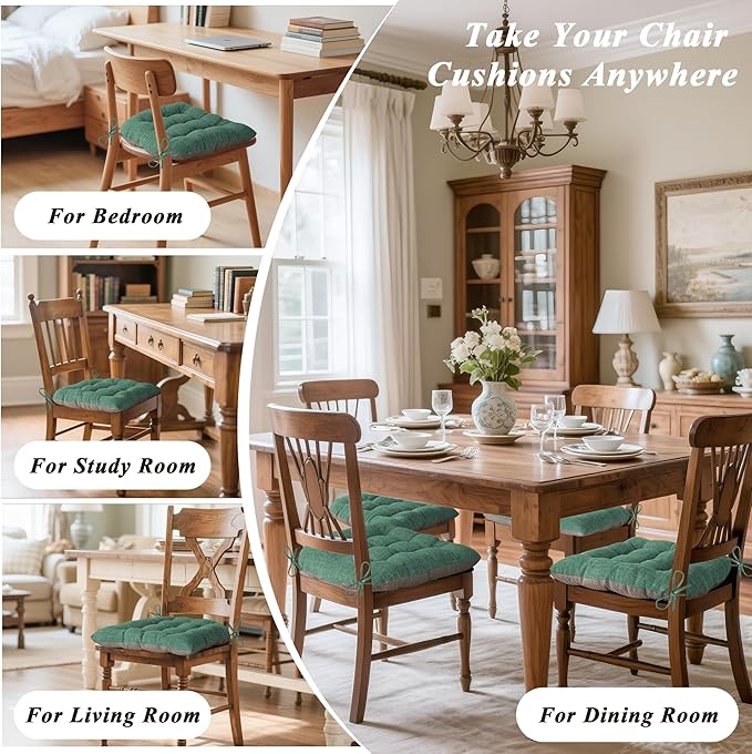 Chair Cushions for Dining Chairs Set of 2 Durable D-Shaped Seat Cushions with Non-Slip Backing Secure Ties Thick Cozy Seat Pad for Kitchen Dining Room Office(18x16.5x3in Green)
