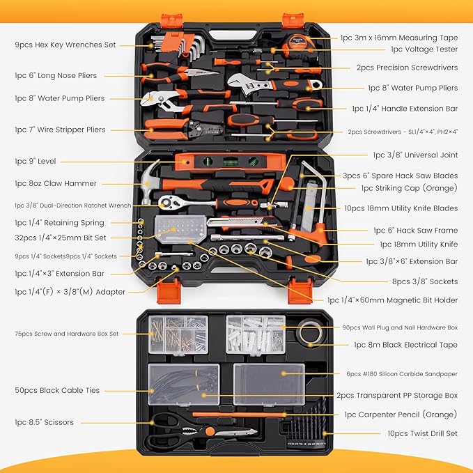 NEWBULIG 330-Piece Complete Tool Box Set, Durable Homeowners Tool Kit with Pull-Out Drawer, Versatile Home Repair Tool Kit for Auto & Household, DIY Projects, Black-Yellow