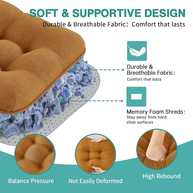BETU Chair Cushions for Dining Chairs Set of 2,3.5" Thick Kitchen Table Chair Pads with Ties,Non Slip Backing and Covers, Seat Cushion for Dining Room,Bar,Patio Chairs,15.5"X15.5"X3.5",Caramel