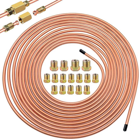 1/4Inch x 25 ft Brake Line Tubing Kit Flexible Copper Coated Alloy Brake Line Tubing Coil with 16 Inverted Flare Fittings SAE Standard
