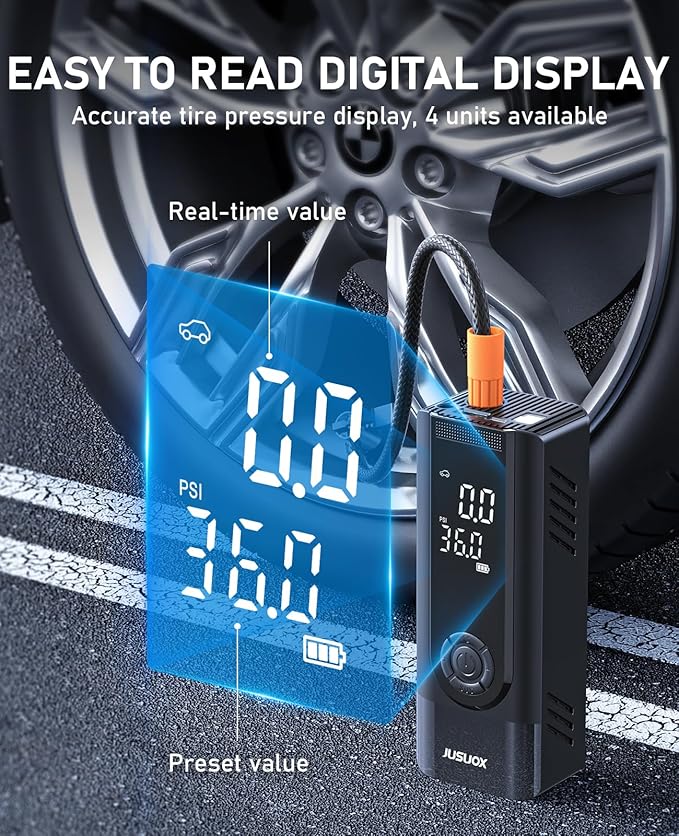 Tire Inflator Portable Air Compressor, Battery & 12V DC Dual Power Air Pump for Car Tires, 150PSI Cordless Bike Tire Pump with Digital Pressure Gauge, LED Light, for Motorcycle, Ball