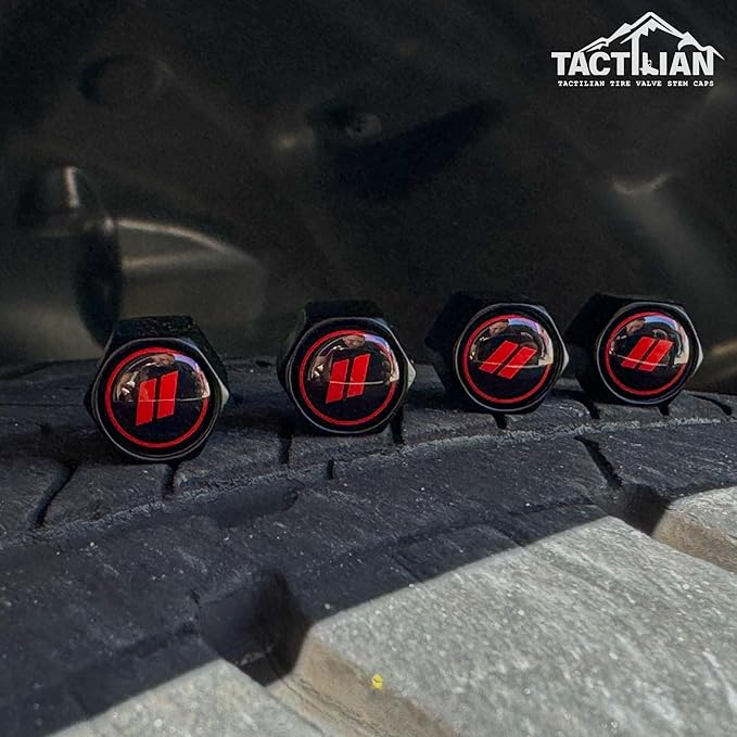 TACTILIAN Red Tire Valve Stem Caps for Dodge Tire Valve | Leakproof Aluminum Tire Valve Caps for Car Tires with Rubber O-Ring Compatible with Dodge Valve Stem Caps for Challenger, Charger, Ram 1500